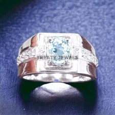 Aquamarine Oval Cut Gemstone With 925 Sterling Silver Ring For Men's #A167 *