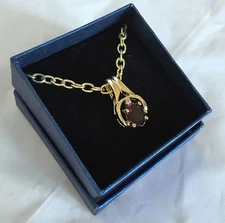 new QVC Garnet Stone  Gold Plated Pendant 14K Chain and Genuine Garnet stone