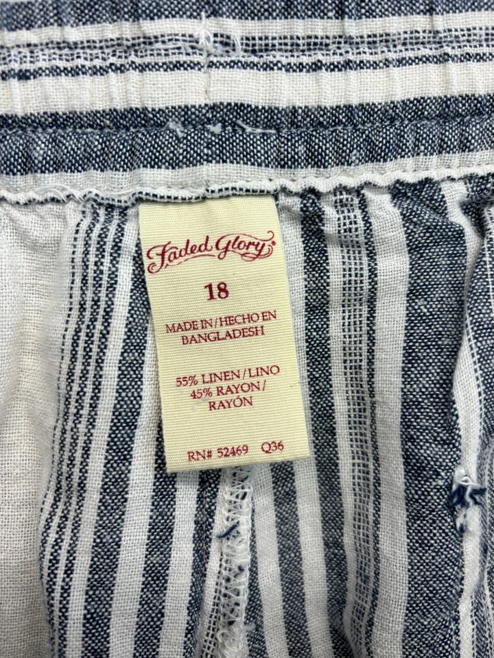 Pantalones Cortos a Rayas Azul Glory Desteñidos Mezcla de Lino Cintura Corbata Para Mujer Talla 18 Foto 2 de 4