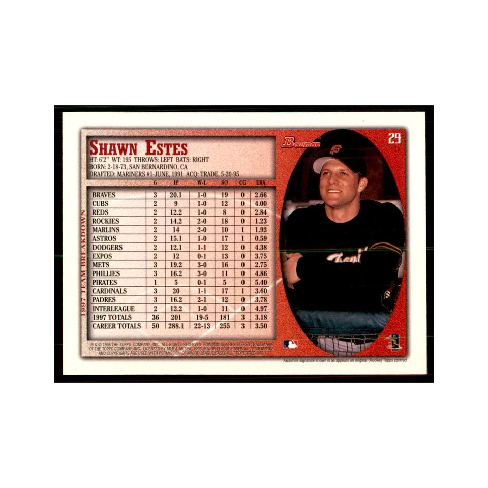 1998 Bowman Shawn Estes Baseball Cards #29 - Image 2 of 3