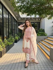 Stylish Mal Chanderi Off White Salwar Kameez With Dupatta For Women Party Wear