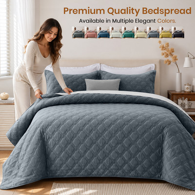 3 Piece Bedspread Set Elegant Geometric Pattern Reversible Coverlet Luxury Quilt