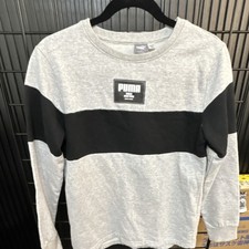 PUMA Boys Colorblock Pullover Sweatshirt Gray Black Logo Fleece L 14-16 