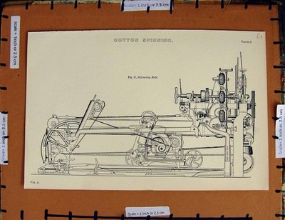 Original Old Antique Print C1800-1870 Cotton Spinning Mule Machinery 19th