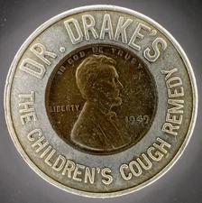 1949 Dr. Drakes The Children's Cough Remedy Encased Wheat Penny Cent Token 31mm