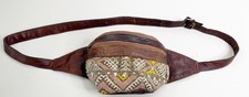VTG Leather 7x5" Asymmetrical Fanny Pack Brown w/Woven Boho Buckle Festival GUC