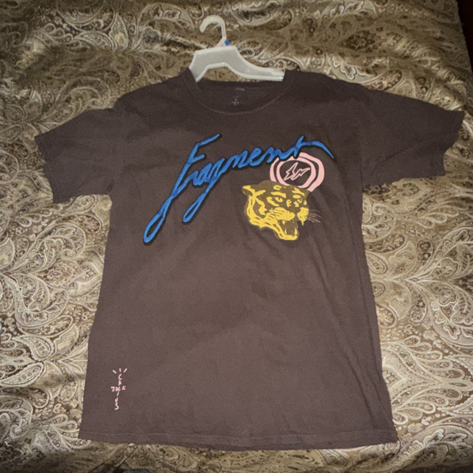 Cactus Jack Fragment Tiger Graphic Brown Men's Crew Neck Cotton T-Shirt Size L
