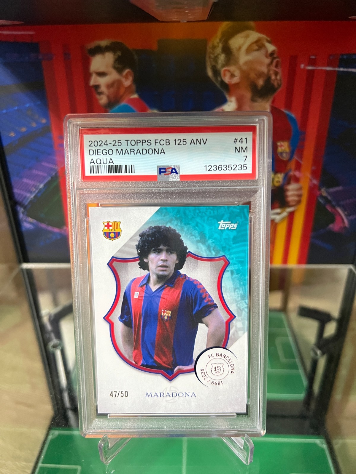24-25 Topps Barcelona 125 Anniversary Legacy Base Aqua /50 Diego Maradona PSA 7 view 5