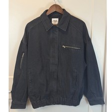 ZARA Black Cotton Denim Bomber Jacket Distressed Oversized Size M/L