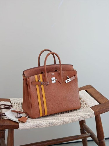 AUTH Hermès Birkin 25 Officier Gold Togo Calfskin Stripe Tote Palladium HW