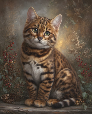8x10 Cat On Wooden Table With Flowers Art Print Wall Decor - 498389470
