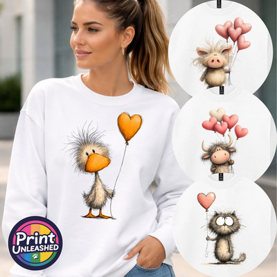 Süßes Tier Sweatshirt Herz Luftballons Pullover Kuh Katze Ente Schwein Unisex S-2XL