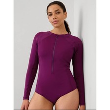 New Athleta One Piece Swimsuit Small Rashgaurd Purple Long Sleeve NWT Front Zip