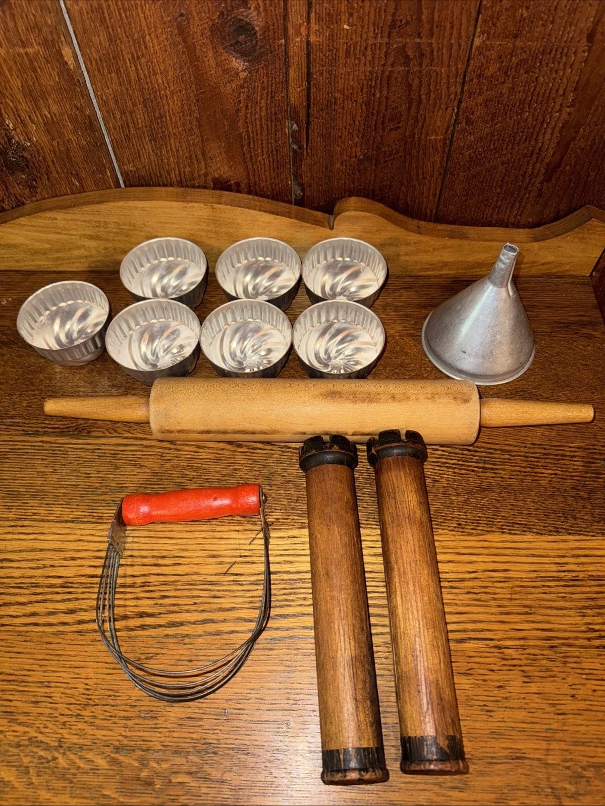 Vintage Primitive Lot~Rolling Pin~Funnel~Spools~Molds~Dough Cutter