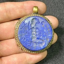 Ancient near eastern old lapis lazuli Roman intaglio rare brass pendant