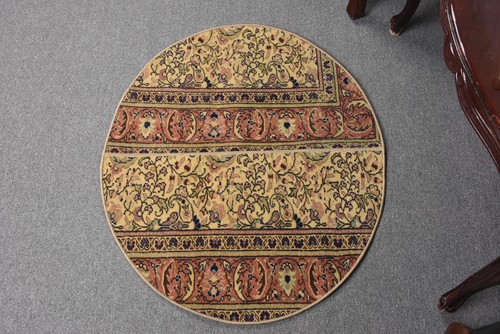 Turkish Round Rug, 2,4x2,9 ft Vintage Rug, Brown Striped Wool Rug