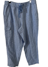 Talbots Pants Size L Linen Elastic Waist Drawstring Chambray W/ Pockets