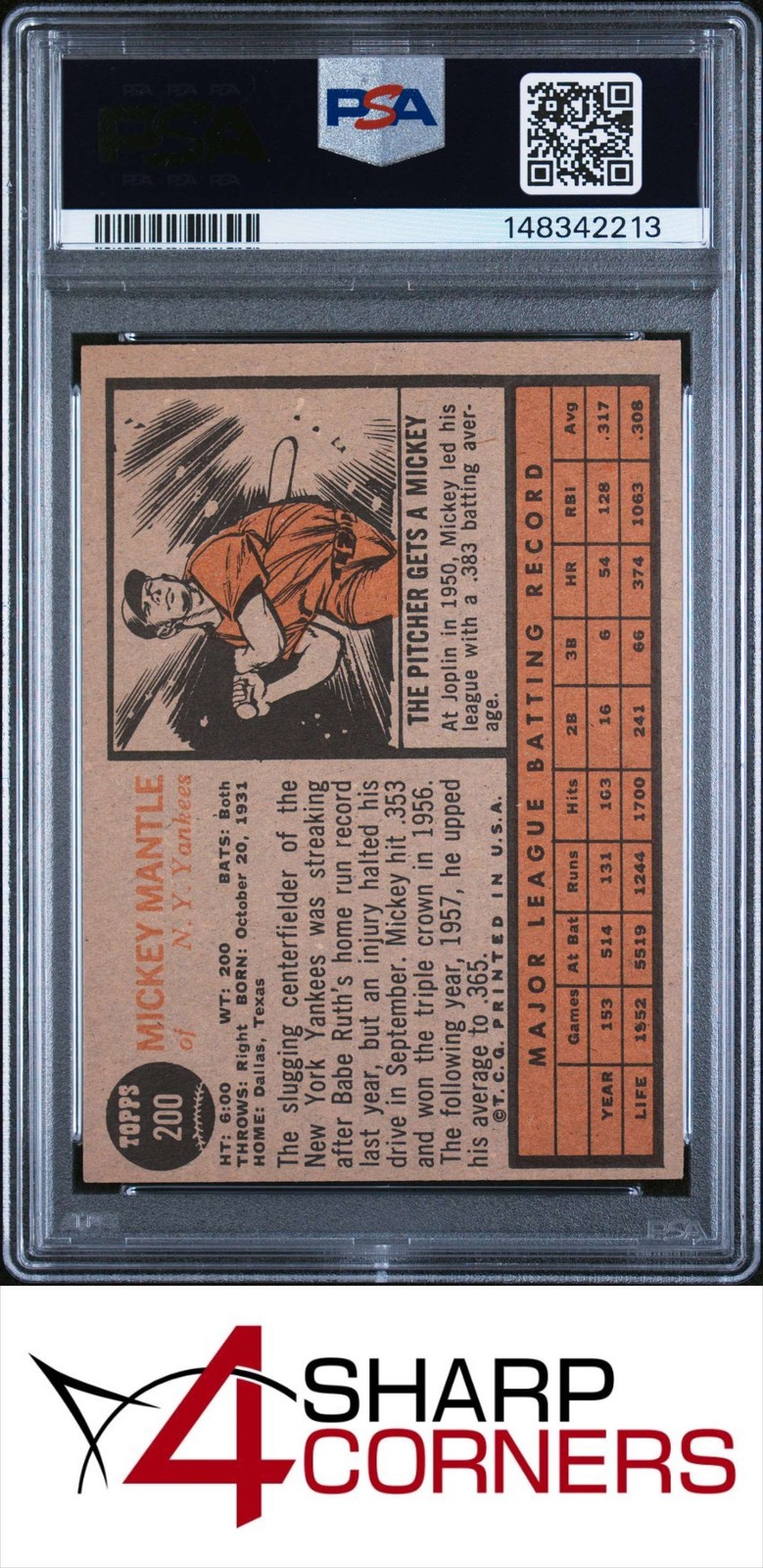 1962 TOPPS #200 MICKEY MANTLE YANKEES HOF PSA 5 view 2