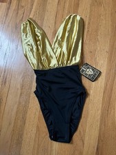 1980s Anne Klein 6 S Deep V Plunge Gold Black Swimsuit Resort Cabana 90s VTG Hip
