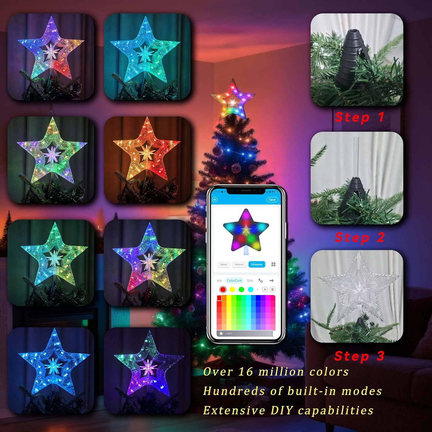 10" Christmas Tree Star Topper with Lights, Shatterproof, RGB Glow, USB Plug In