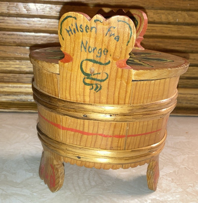 Vintage Norwegian Folk Art Covered Stave Tine with Hoops Handmade and HaPainted