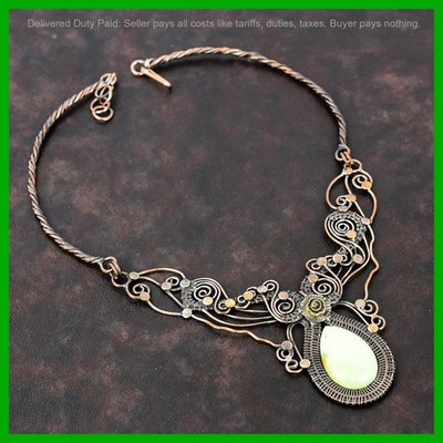 Lemon Chrysoprase Gemstone Copper Wire Wrapped Flower Chain Handcrafted Necklace