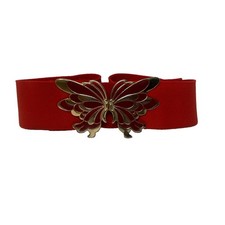 Vintage Belt Butterfly Buckle Red Gold Wide Waist Elastic 70s Hook Closure