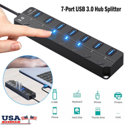 7 Port USB 3.0 Hub On/Off Switch High Speed Splitter Charge PC Laptop Desktop