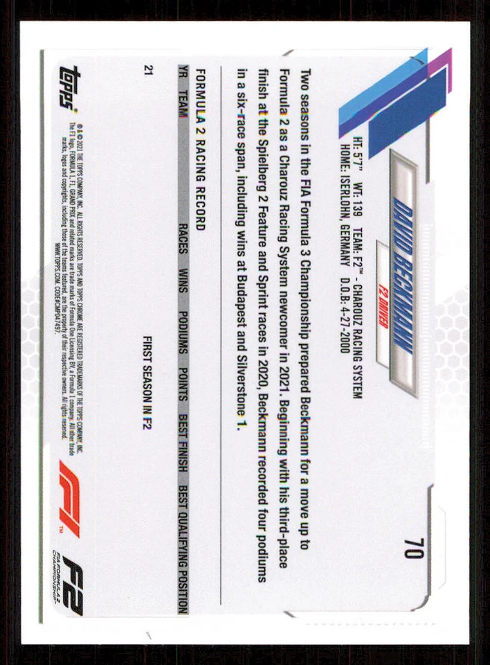 2021 Topps Chrome Formula 1 #70 David Beckmann FS - Image 2 of 2
