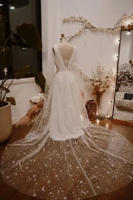 lace wedding dress 2025 Ethereal Plus Size Lace Wedding Dress with Slit and Train – LA121 –  Viniodress main image 1