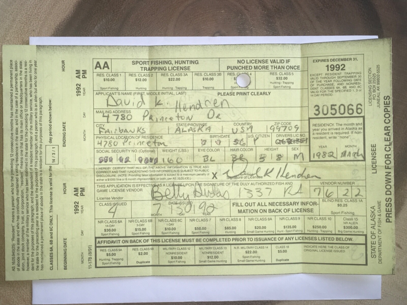 1992 State of Alaska Caribou Hunting License with Take Aim At Violation