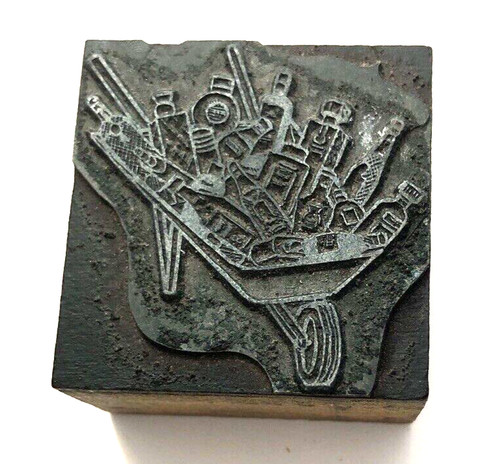 VTG Letterpress Printing Block Wood Metal-Wheelbarrow with bottles in it  1 1/2"