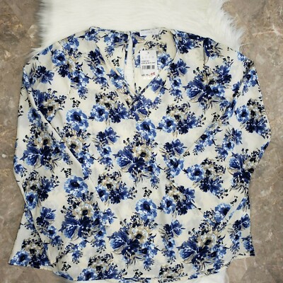 Lush Womens Size XS Blouse Floral Oversized Loose Top Caged V-Neck L/S Boho Blue