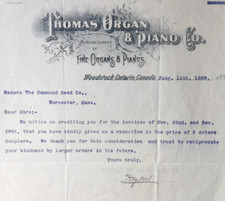 Thomas Organ Piano Co Woodstock Ontario Canada Hammond Reed Company Receipt 1899