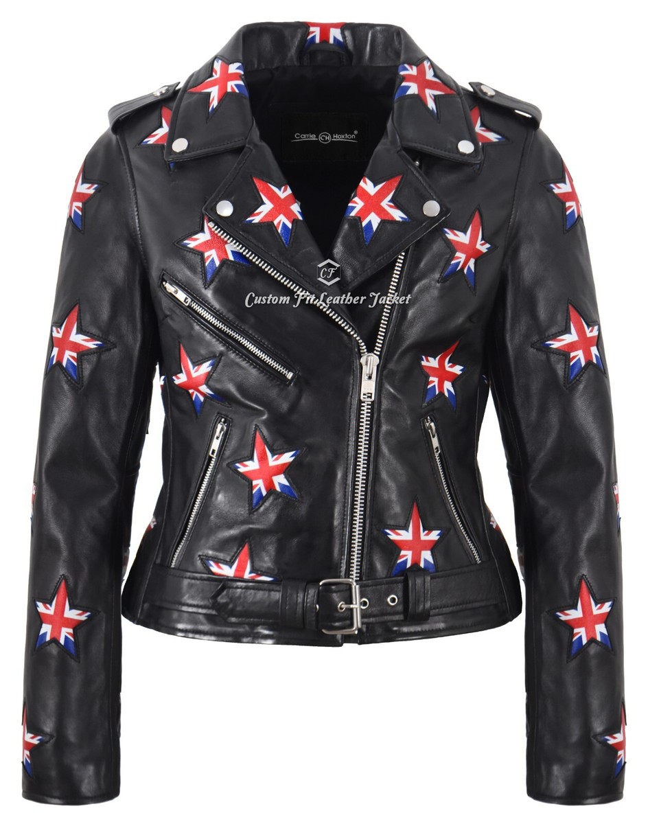 Women's Brando Style Biker Leather Jacket With British Flag Star Patches  Jacket