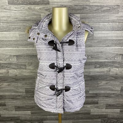 THE LIMITED Snap & Zip Toggle  Grey Print Faux Fur Hood Vest Jacket Womens Small