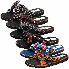WOMENS LADIES SLIP ON FABRIC BOW FRONT MULE FLIP FLOPS BEACH SUMMER SANDALS 