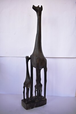 Antique African Ebony Mother Giraffe & Calf Feeding Family Sculpture Statue Figu