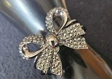 Marcasite Bow Hinged Cuff Bracelet  Pewter Tone Metal Statement