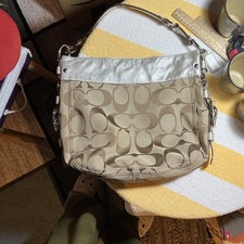 Coach Zoe Signature Jacquard Canvas And Leather Purse Hobo Bag beige Large RARE