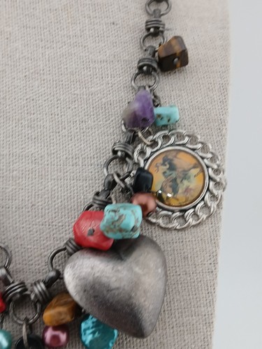 ARTISAN distressed silvertone natural beads hearts western pendant necklace - Picture 7 of 15