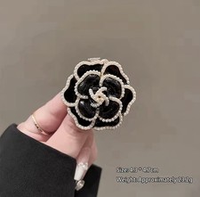 Camellia Flower Brooch Pin Enamel Metal Gold Tone Faux Pearl Black -Gift New