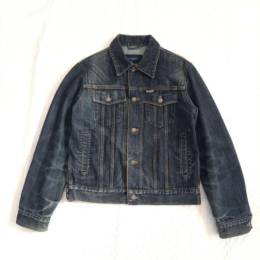 BURBERRY LONDON Denim Jacket Men Vintage Indigo Nova Check Leather