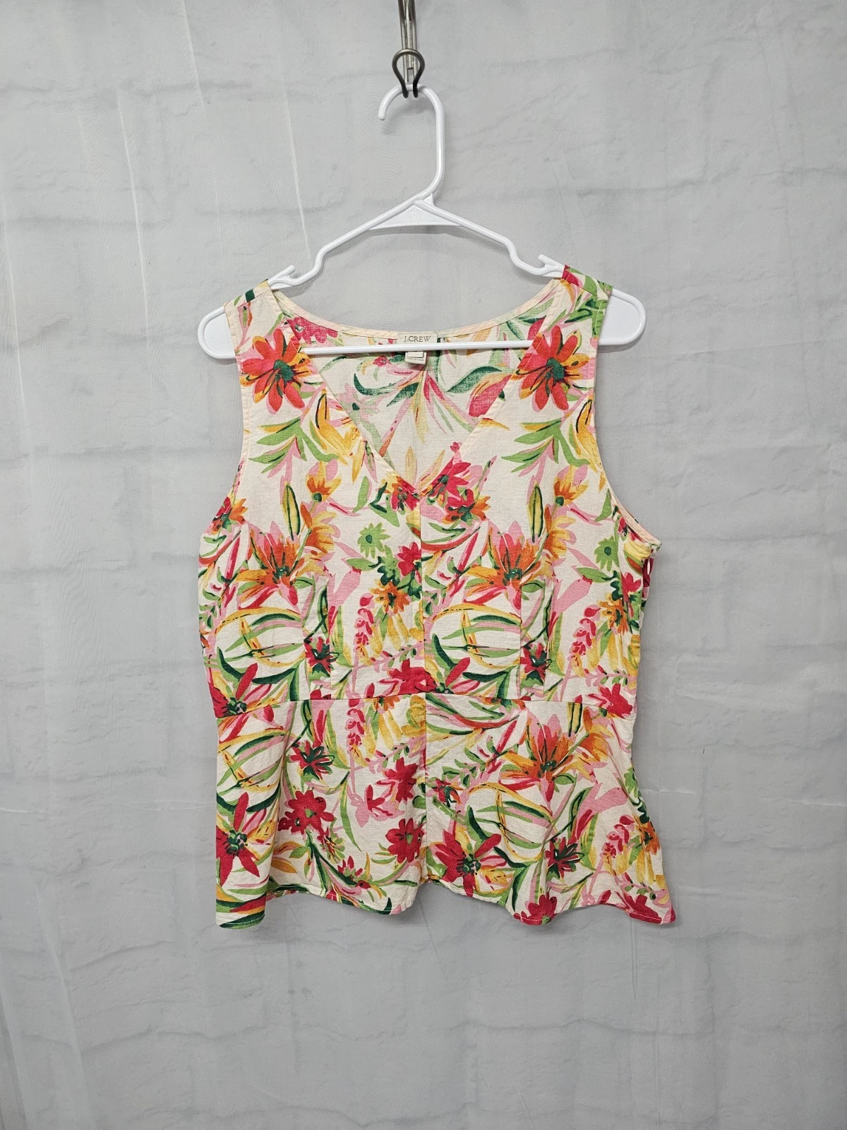 J. Crew Tank Top Floral Tropical Beach Summer Linen Pink Green 12