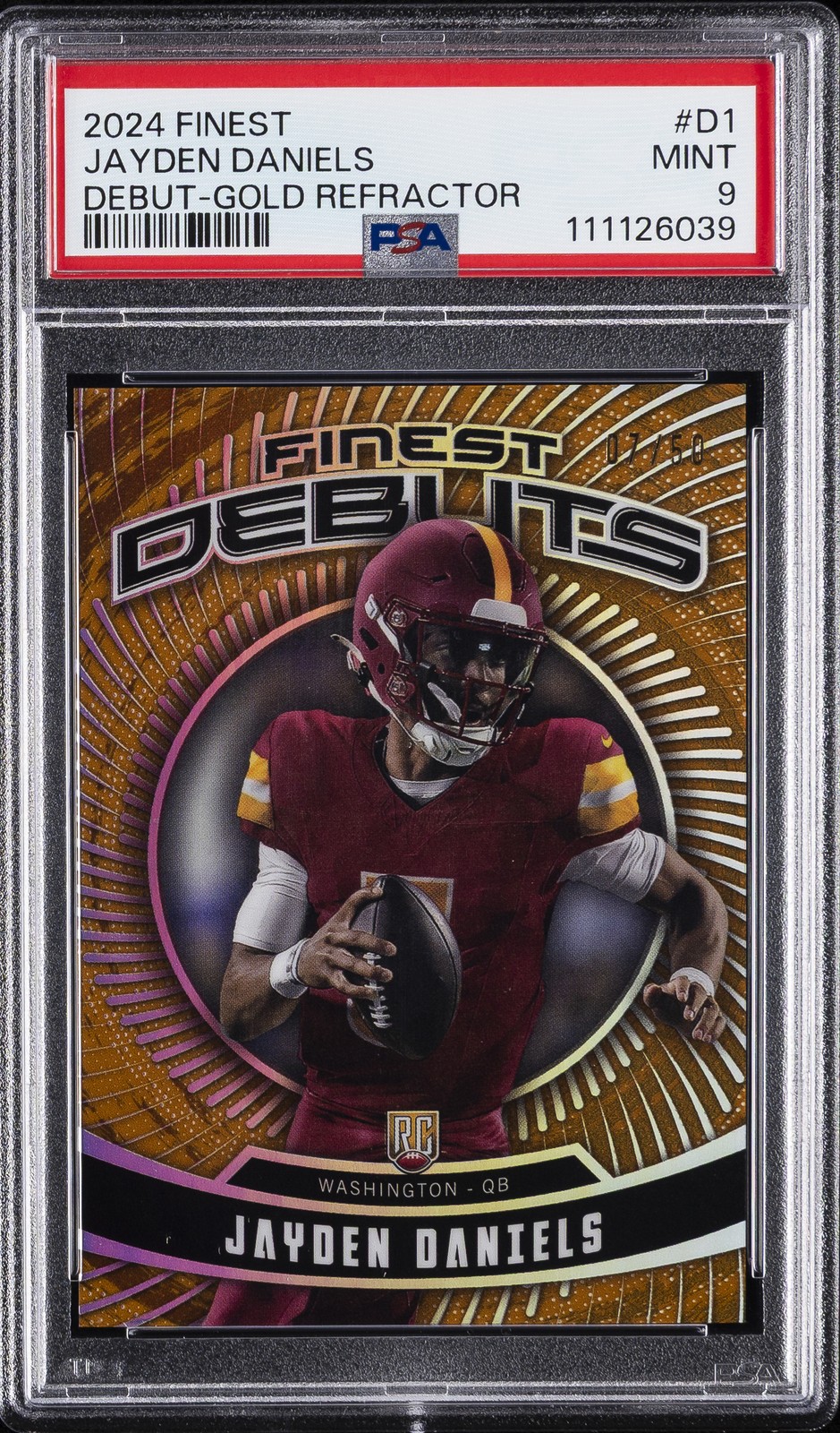 2024 TOPPS FINEST DEBUT GOLD REFRACTOR #D1 JAYDEN DANIELS 7/50 PSA 9