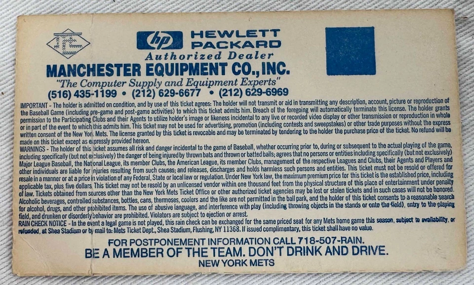 Mets vs. Rockies Game 1 Shea Stadium April 5th 1993 Ticket Stub - Dwight Gooden - Image 2 of 3