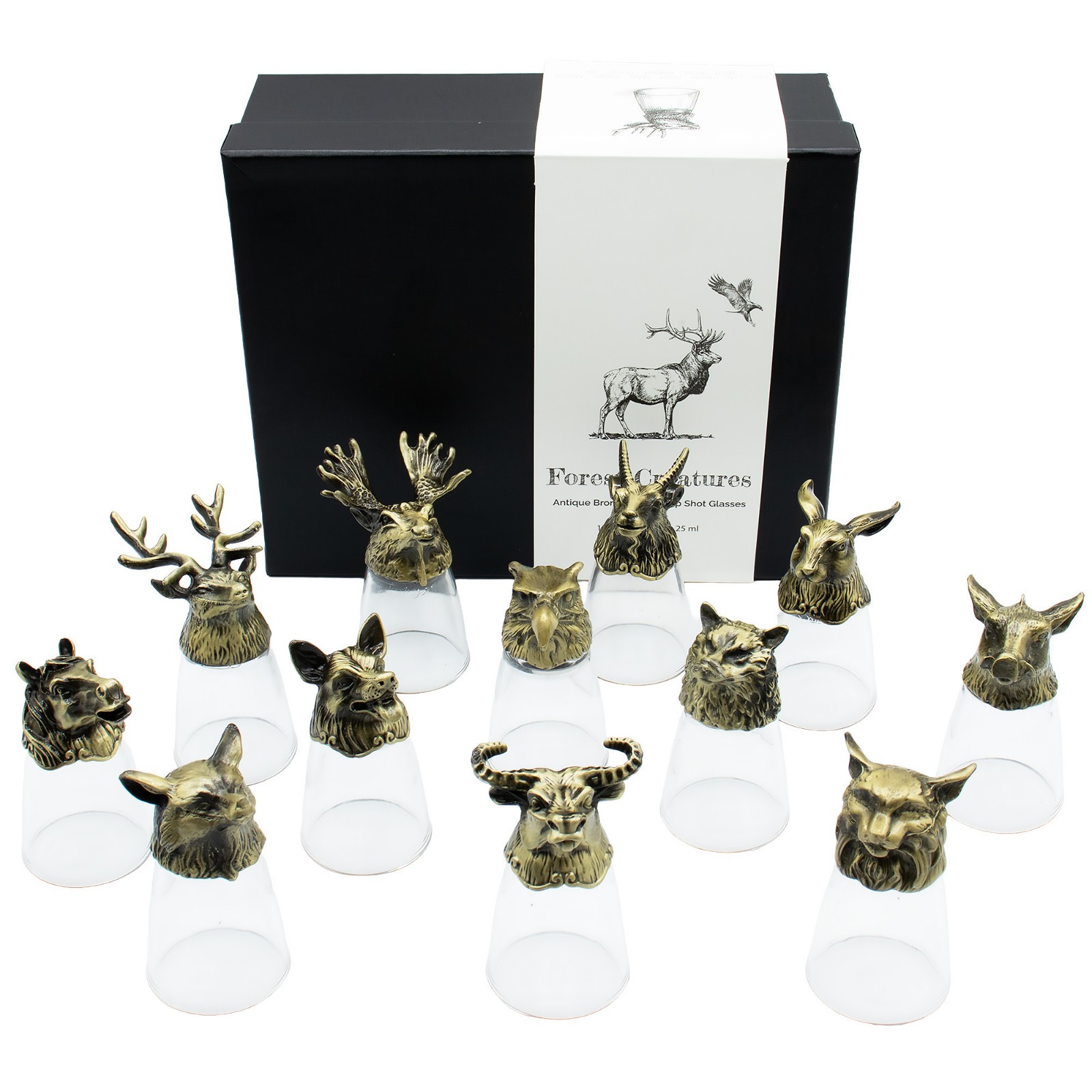 Gift Set of 12 Bottom Up Shot Glasses (25ml) - Forest & Mystical Creatures - New