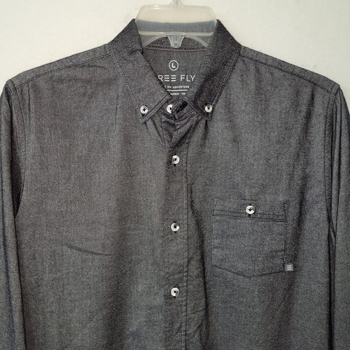 Free Fly Shirt Mens Large Sullivan Bamboo Stretch Button Up Charcoal Chambray - Picture 3 of 16