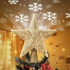Christmas Star Tree Topper with Built-in Led Snowflake Projector Lights Hollowed