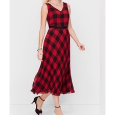 Talbots Red Black Buffalo Plaid Pleated Midi Dress Sleeveless V-Neck Size 8